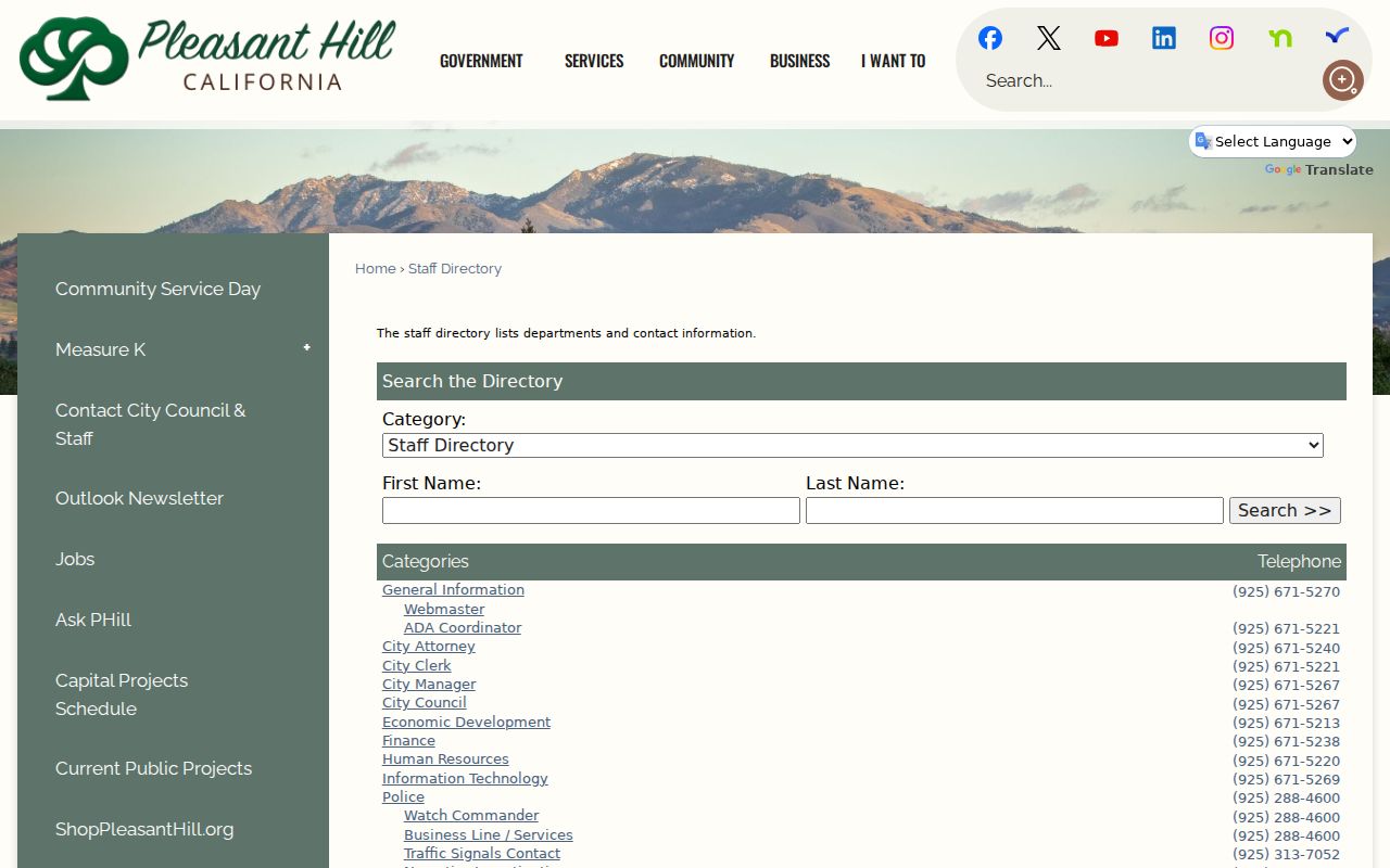 Pleasant Hill people search in the city staff directory